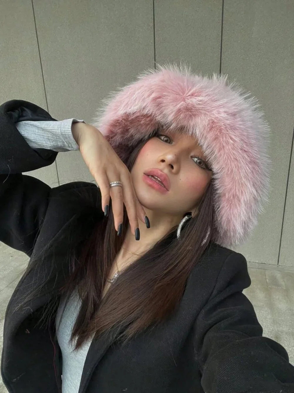 Pink Casual Women's Thickened Warm Plush Ear Protection faux fur Bucket Hat